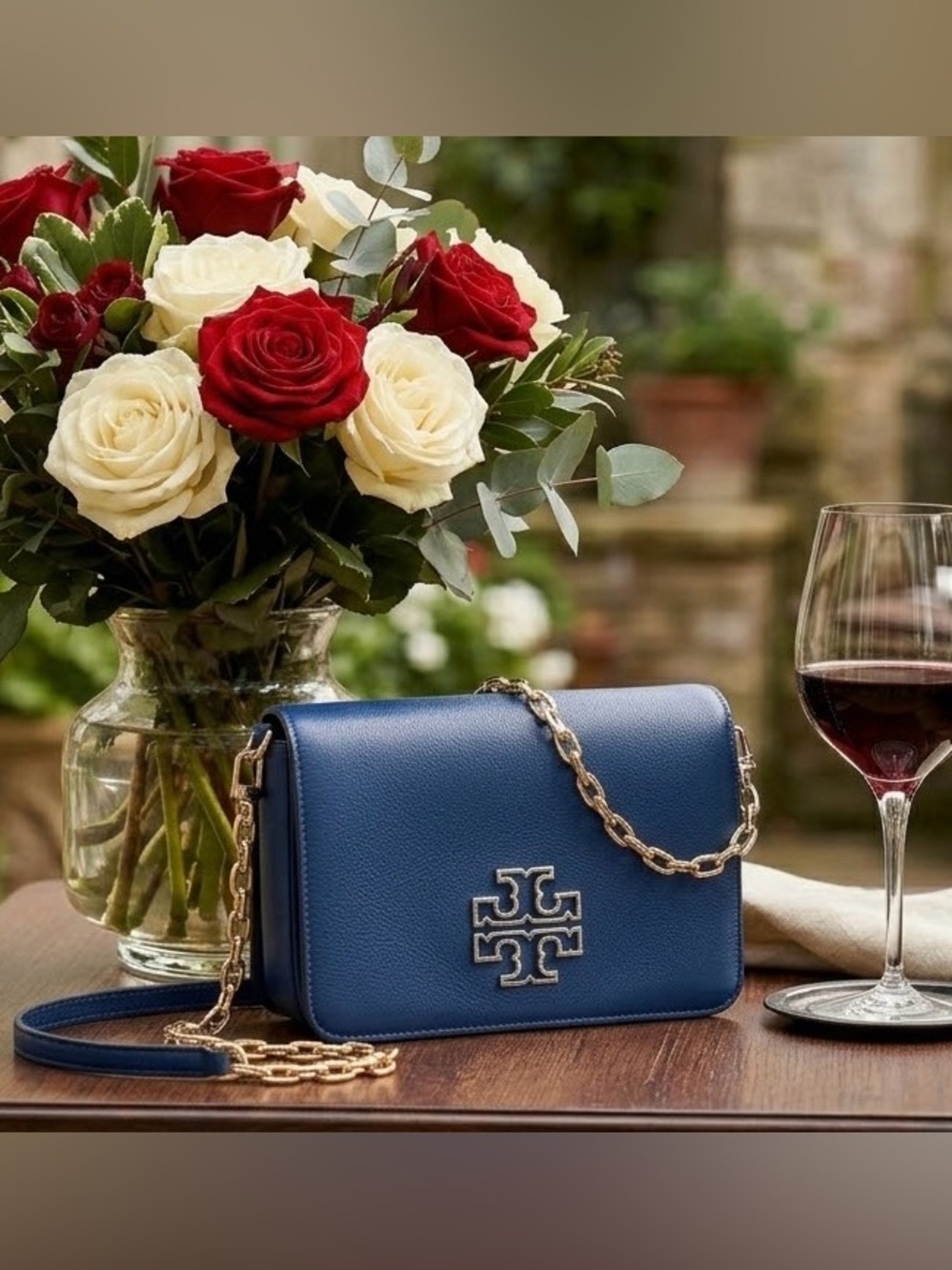 Tory Burch Britten Combo Crossbody Bag – Navy Blue Leather Gold Logo Authentic